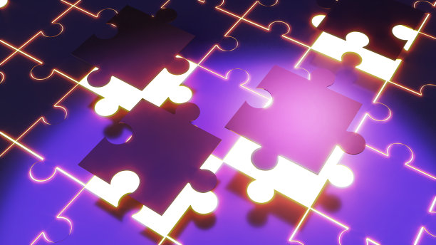 加入多种选项是合适的。，霓虹灯镶边的黑色抽象拼图背景，3d渲染图片下载