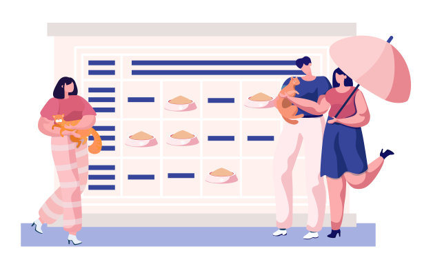 一对夫妇抱着猫散步。动物护理，喂食，用餐时间表用碗标示图片下载