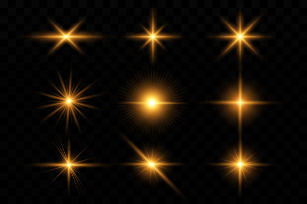 光的效果。金色的星星，黄色的太阳。星光。图片下载