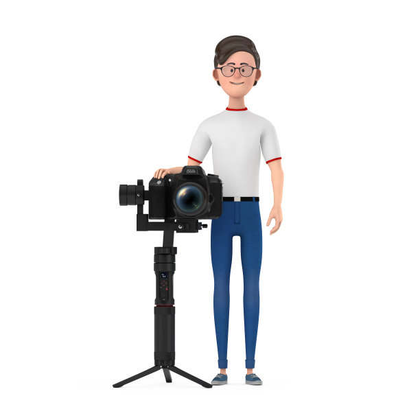 卡通人物人物与数码单反或视频摄像机平衡稳定三脚架系统。3d渲染图片下载