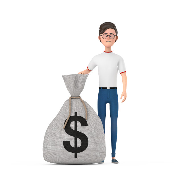 卡通人物人物和绑乡村帆布亚麻钱袋或钱袋与美元符号。3d渲染图片下载