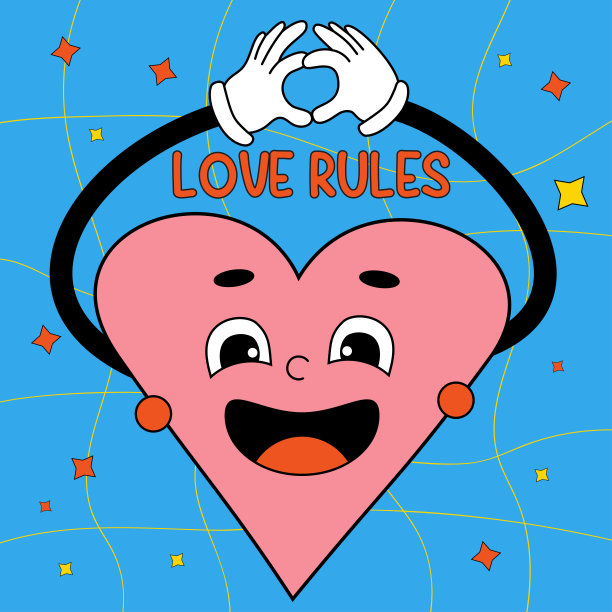 有趣的卡通人物。Groovy元素时髦的心与手套的手。爱的规则。矢量插图潮流复古卡通风格。漫画元素的贴纸，方海报，图形tee打印，卡片。图片下载