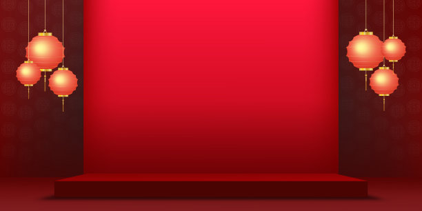 2023年中国新年背景3d工作室房间，金色灯笼挂在红色的月亮墙纸背景，矢量豪华设计的中秋节与亚洲艺术风格的背景展示图片下载