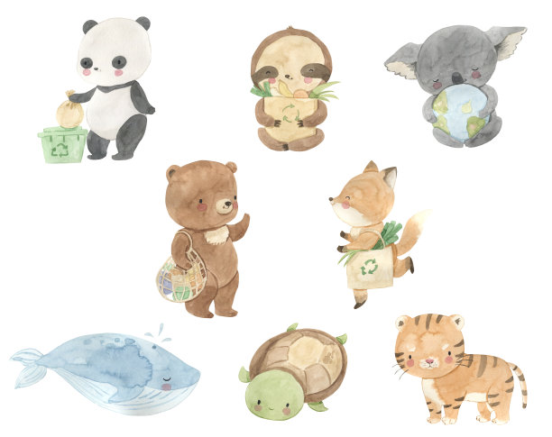 水彩环保动物。熊猫，熊，狐狸，树懒，鲸鱼，考拉插图给孩子们图片下载