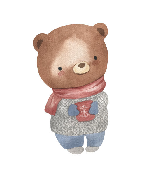 水彩小熊在一条围巾和一个马克杯在他的手。儿童动物插画图片下载