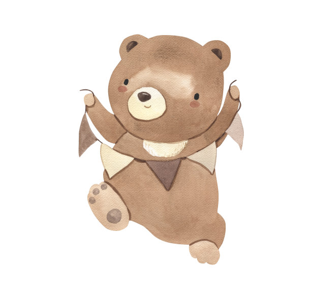 为孩子们画的水彩熊和旗帜插图图片下载