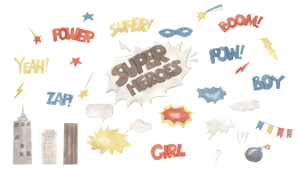 水彩超级英雄元素插图的孩子图片下载