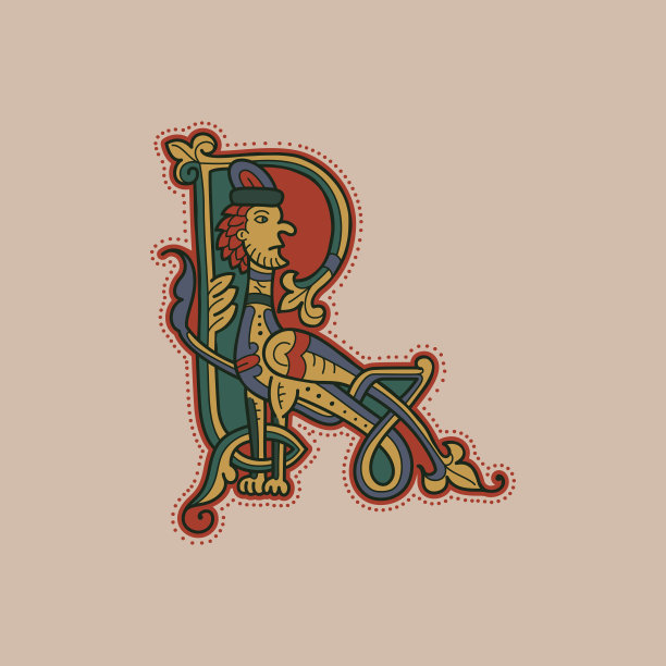 中世纪的首字母R字母标志由扭曲的王鸟和螺旋图案制成。图片下载