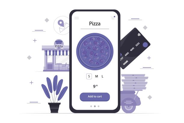 使用智能手机和应用程序在线订购披萨。图片下载