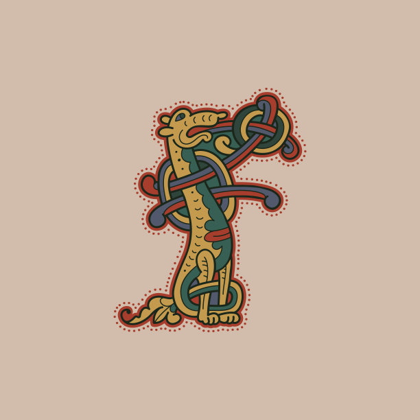 中世纪的初始F字母标志，由扭曲的野兽和螺旋图案。图片下载