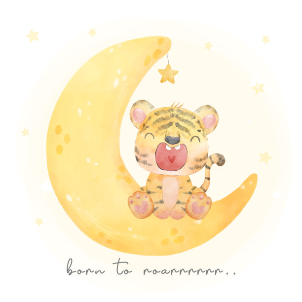 可爱的小宝贝小老虎坐月牙上带着星星，呱呱坠地，水彩保育动物卡通画向量图片下载