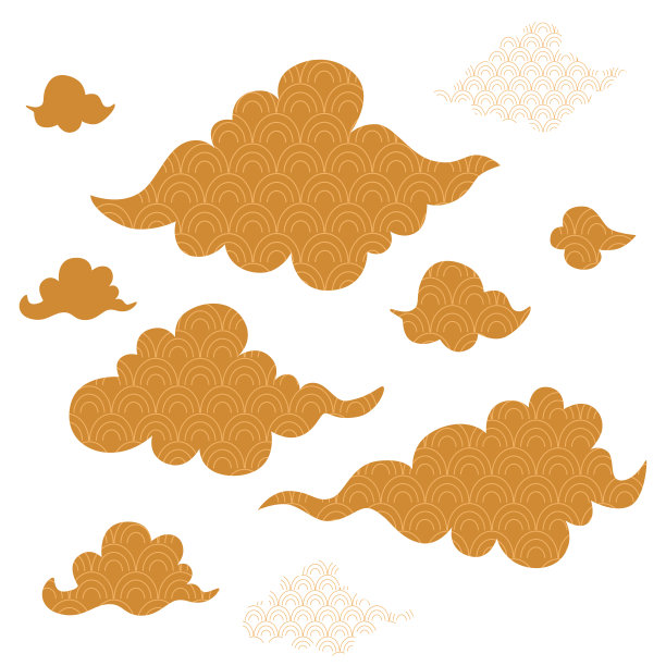 亚洲的云镶嵌在金色。中国传统的云朵收藏，韩国的装饰元素设计天空或图案。韩国或日本云雾矢量插图孤立在白色。图片下载