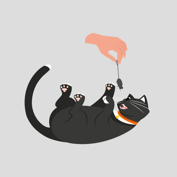 一只猫正在玩一只老鼠，主人为一只猫拿着玩具。矢量图图片下载