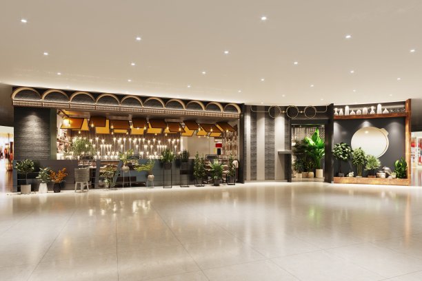 自助餐厅和餐厅的3D渲染图片下载