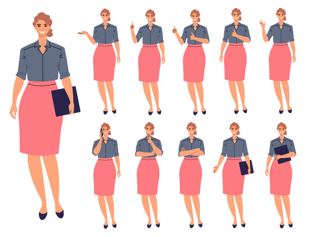 一组不同姿势和姿态的商业女性角色。年轻女人的裙子，办公室职员，领导，经理孤立在白色背景。电话谈话,演讲。图片下载