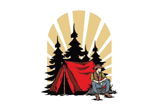 一个戴着牛仔帽的男人坐在帐篷前的插图图片下载