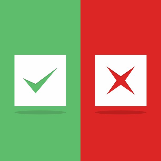 检查和错误标记，勾选和交叉标记，接受/拒绝，批准/不批准，是/否，对/错，绿色/红色，正确/错误，Ok/不Ok -矢量标记符号，绿色和红色。孤立的图标。图片下载