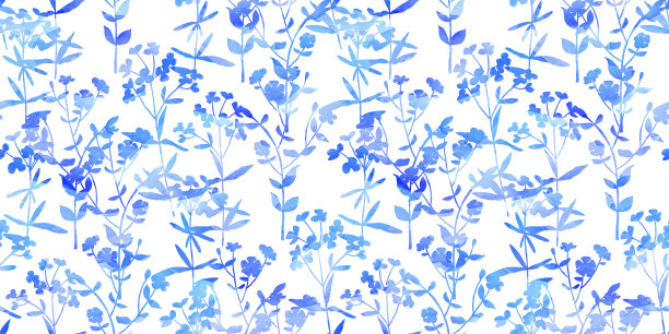 水彩蓝色花朵剪影无缝图案图片下载