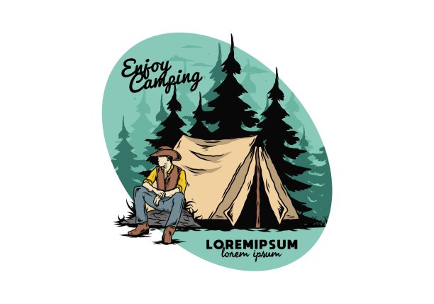 一个戴着牛仔帽的男人坐在帐篷前的插图图片下载