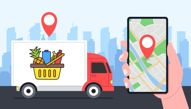 以城市为背景的外卖车。手持电话与订单目的地。矢量插图。图片下载