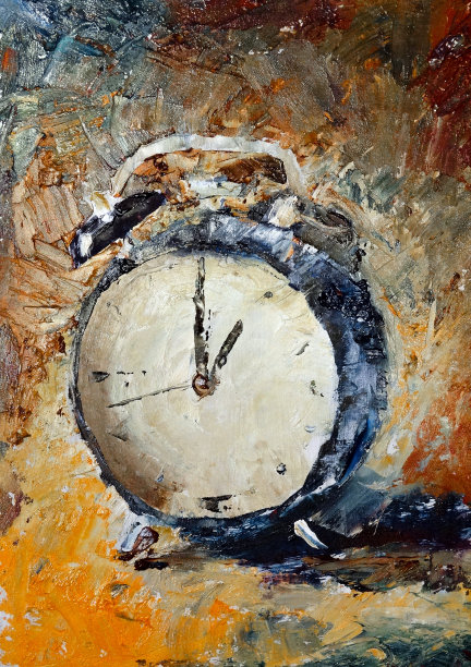 闹钟在桌子上，油画。图片下载