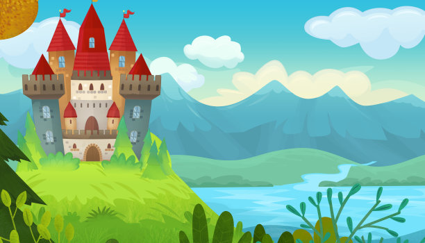 卡通自然场景，美丽的城堡附近的森林插图给孩子们图片下载