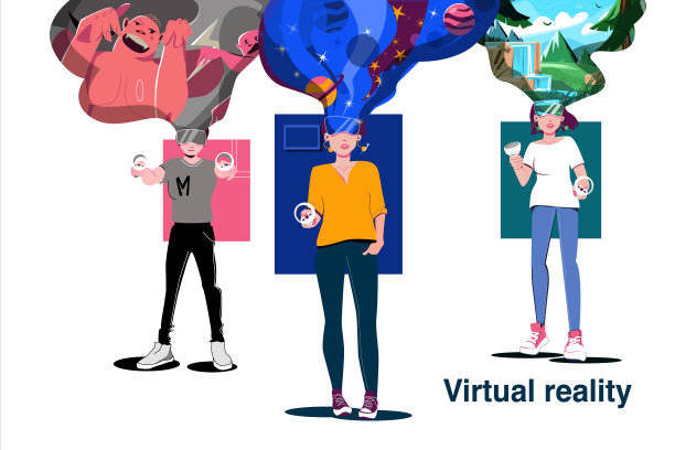 一套三个虚拟现实眼镜的游戏角色。矢量插图在卡通风格孤立在白色背景。图片下载