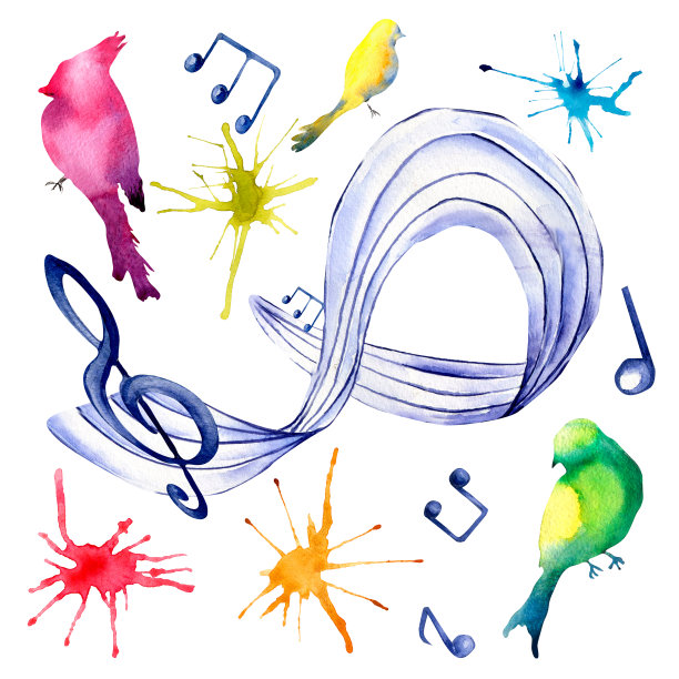 彩色的音乐标志，水彩鸟和飞溅在白色。图片下载