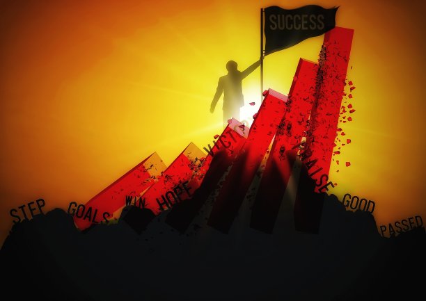 一个商人站在山顶的剪影插图，商业成功的概念图片下载