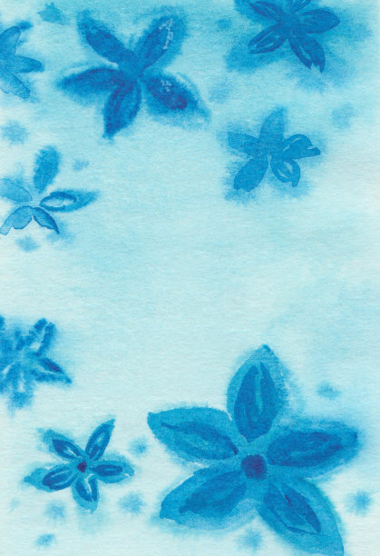 手绘花卉抽象背景与蓝色花卉水彩插图。森林中的自然图片下载