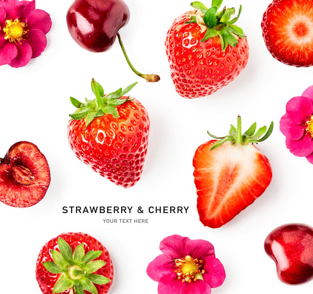 草莓和樱桃浆果的创意布局图片下载