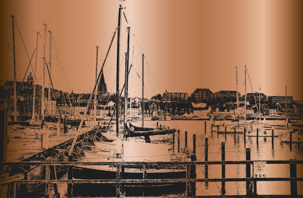 路堤上帆船的矢量黄金背景。EPS8。德国。图片下载