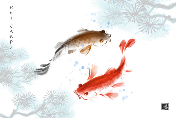 两锦鲤在水和松树树枝。传统的东方水墨画，眉娥，宇仙，郭华。象形文字-福祉的翻译图片下载