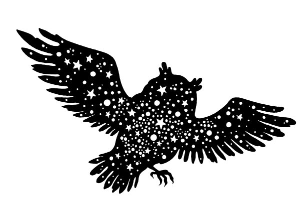 猫头鹰向量轮廓。神奇的那种波西米亚风格的标志。黑色神秘之夜插图。纹身艺术设计。月亮动物的象征。部落的画。万圣节的图形。种族的猫头鹰。神奇的明星梦。放荡不羁的矢量艺术图片下载