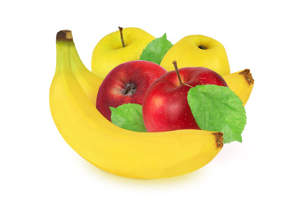 苹果和香蕉在孤立的白色背景上。红苹果，黄苹果和香蕉图片下载