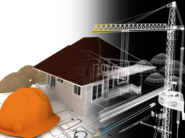 房子正在建设中，起重机和其他建筑装置在图纸上，3d渲染图片下载