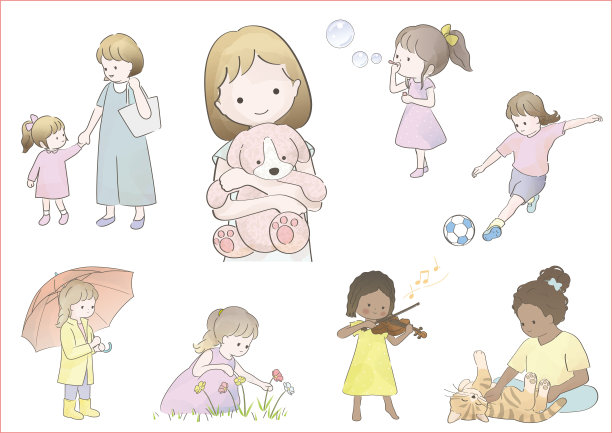 水彩可爱女孩矢量插图设置在白色背景。图片下载