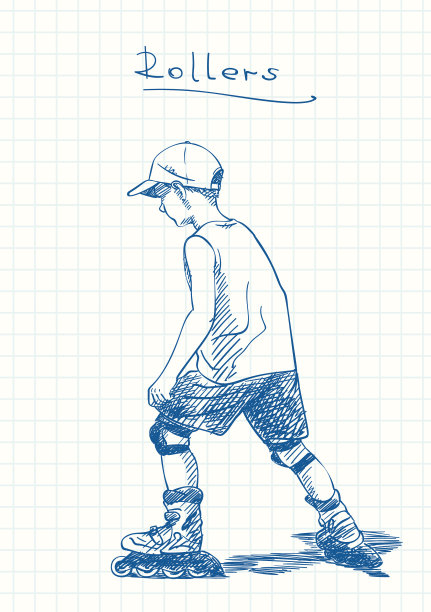 男孩在滚轴上学习滑冰，蓝色钢笔素描图片下载