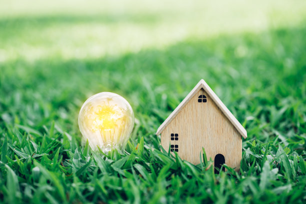 特写阳光草地背景上的木头模型房子。图片下载