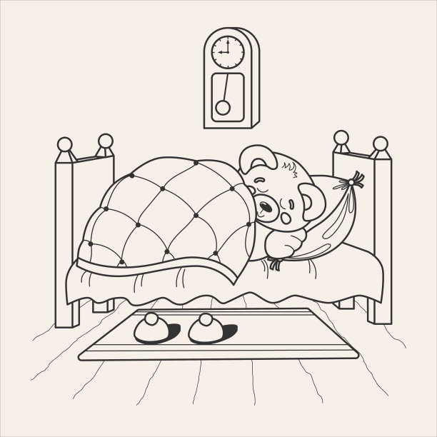 可爱的小熊睡在床着色页图片下载