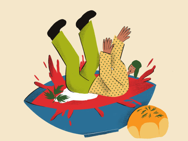 一个年轻人喝罗宋汤的插画。俄罗斯的食物。有趣的彩色印刷海报，服装印刷设计，酒吧菜单装饰。纺织品、包装纸的复古质感。图片下载