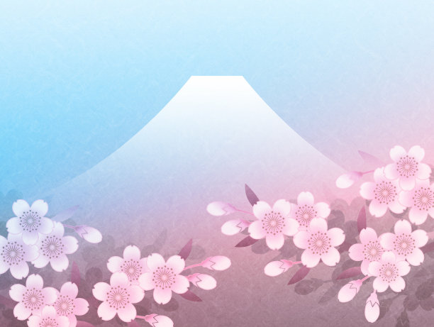 日本纸张质感的樱花，以富士山为背景。图片下载