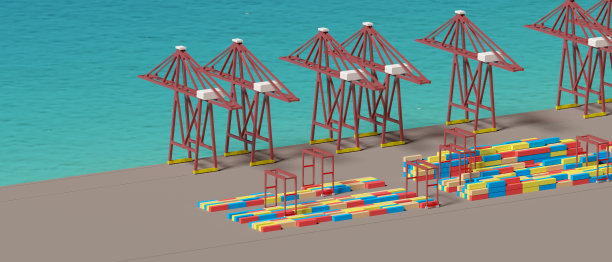 岸上存放集装箱吊车的商埠，立体插图，集装箱码头图片下载