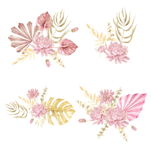 水彩套热带波西米亚花束图片下载