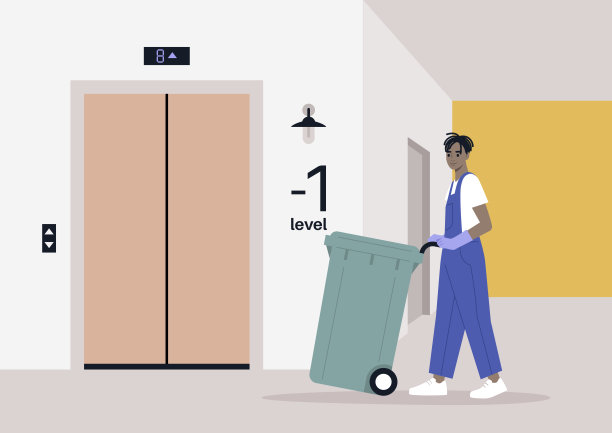 一个年轻的现代角色穿着牛仔工装裤在地下室收集垃圾桶，公用事业服务，环境对话，一个车轮上的塑料垃圾容器图片下载