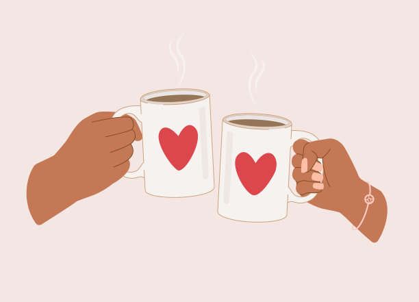 黑人男性和女性的手向一个白色的杯子和热咖啡敬酒。图片下载