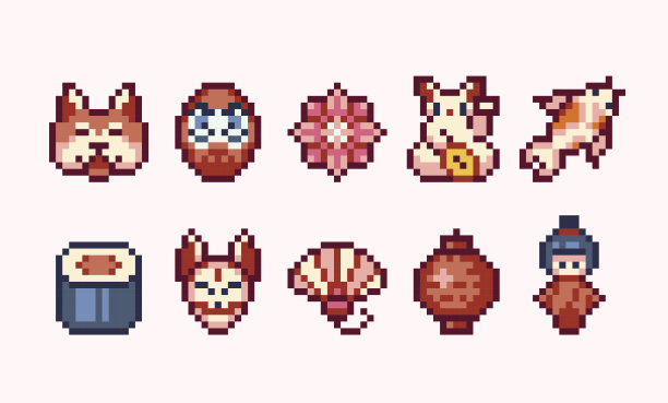 日本文化符号像素艺术套装。东京传统地标收藏。马内木neko，达摩，kokeshi玩偶，樱花，锦鲤8位。图片下载