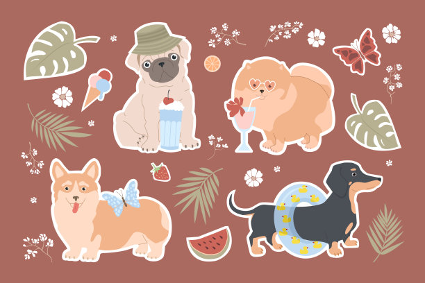 一套有狗的贴纸。夏天有趣的矢量插图的孩子。腊肠犬，博美，哈巴狗和柯基在暑假。棕榈叶，冰淇淋，西瓜，鸡尾酒，蝴蝶，怪物。图片下载