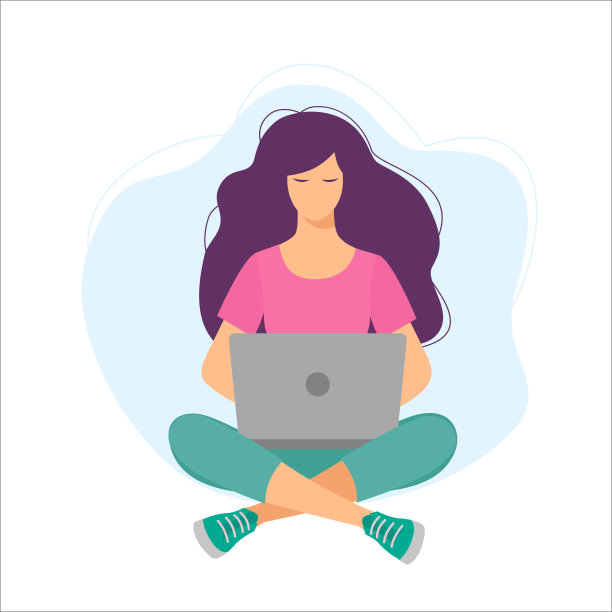 年轻女孩坐在地板上的地毯上，手里拿着笔记本电脑。图片下载