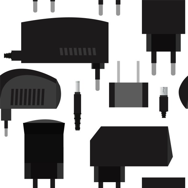 充电器。电器电源。带整流器的电气插头。孤立在白色背景。无缝模式。向量图片下载